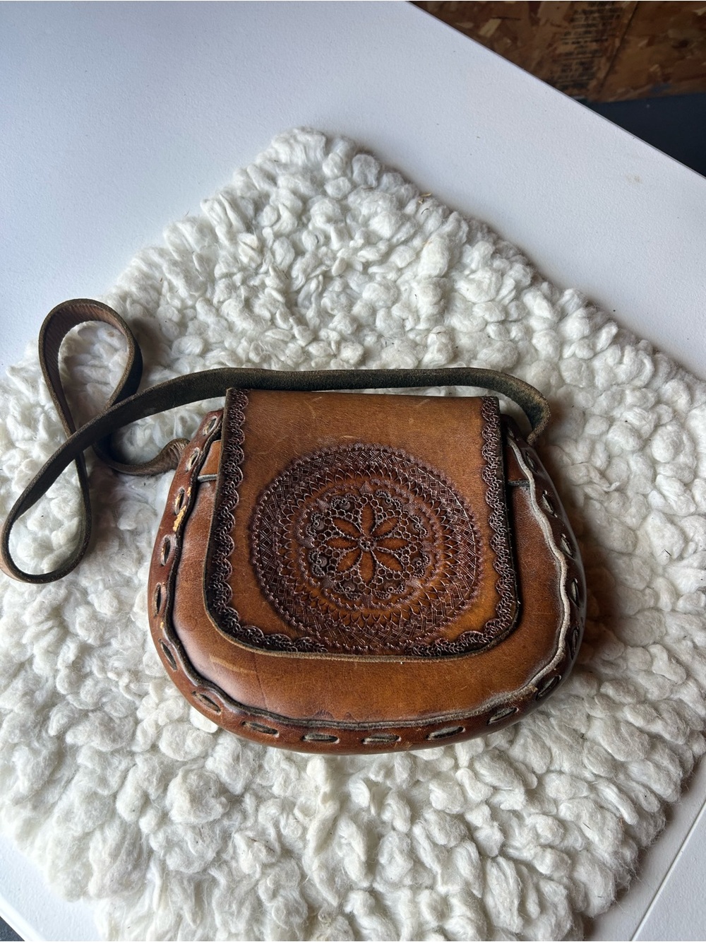 Brown Tooled Leather Crossbody Bag - Handcrafted Boho Style vintage 60s